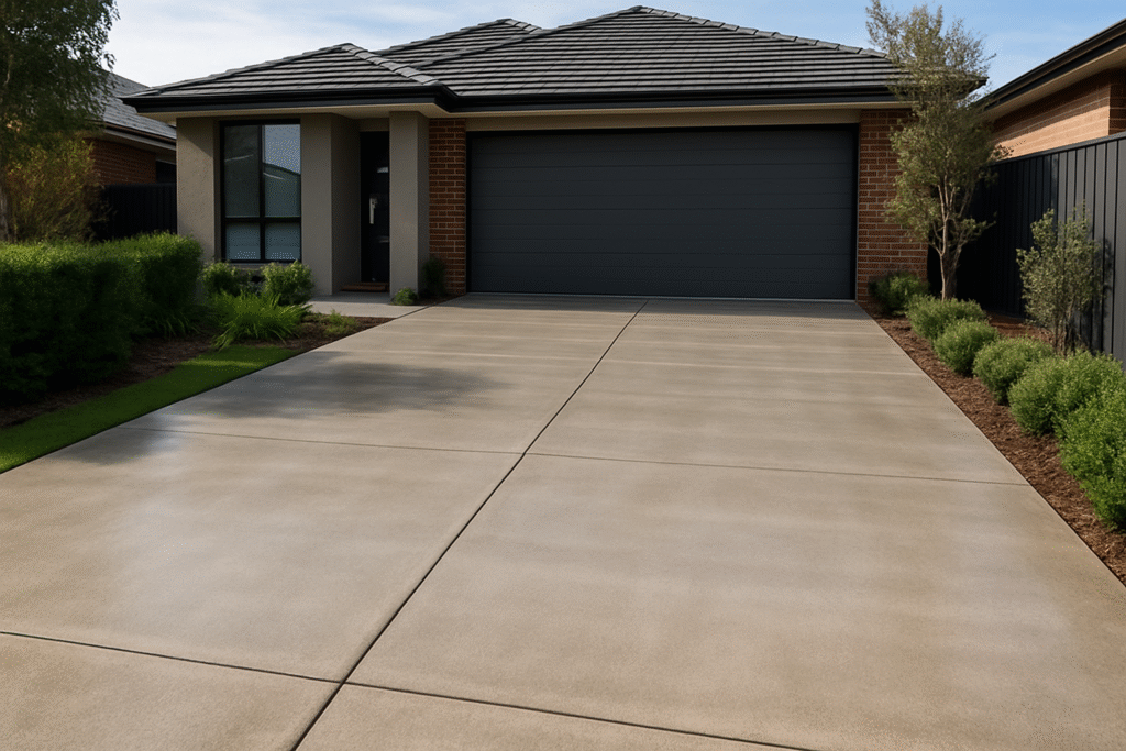 Freshly cleaned and sealed concrete driveway in front of a modern Australian home