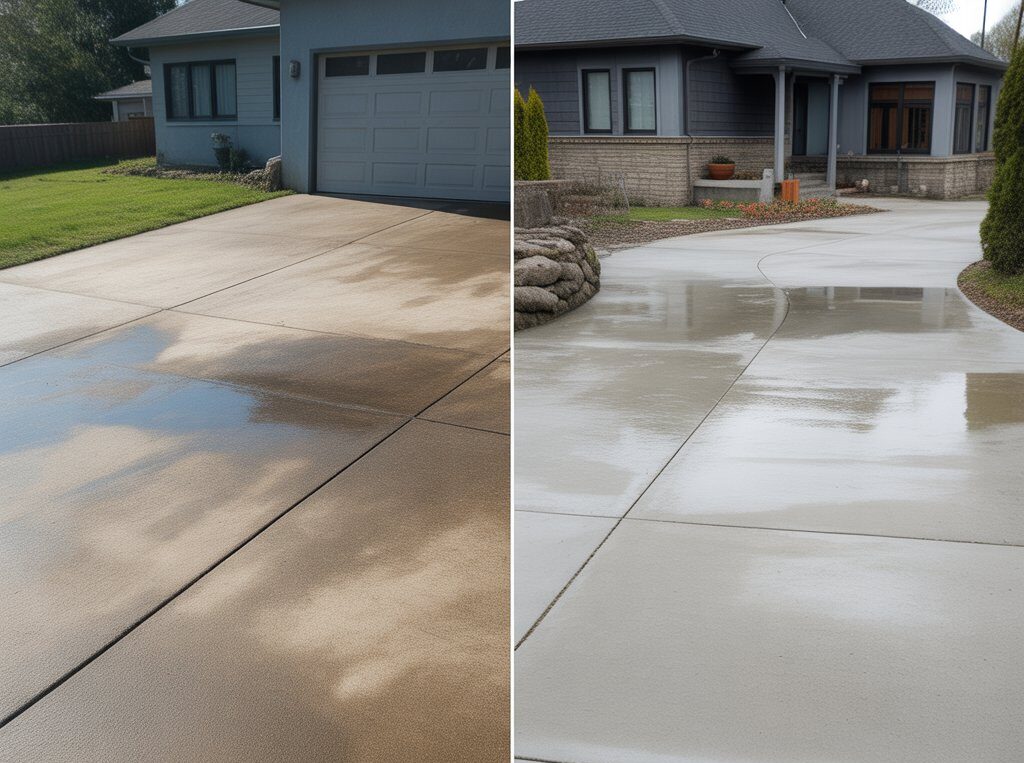 Before and after concrete driveway cleaning showing stained concrete compared to freshly pressure washed surface