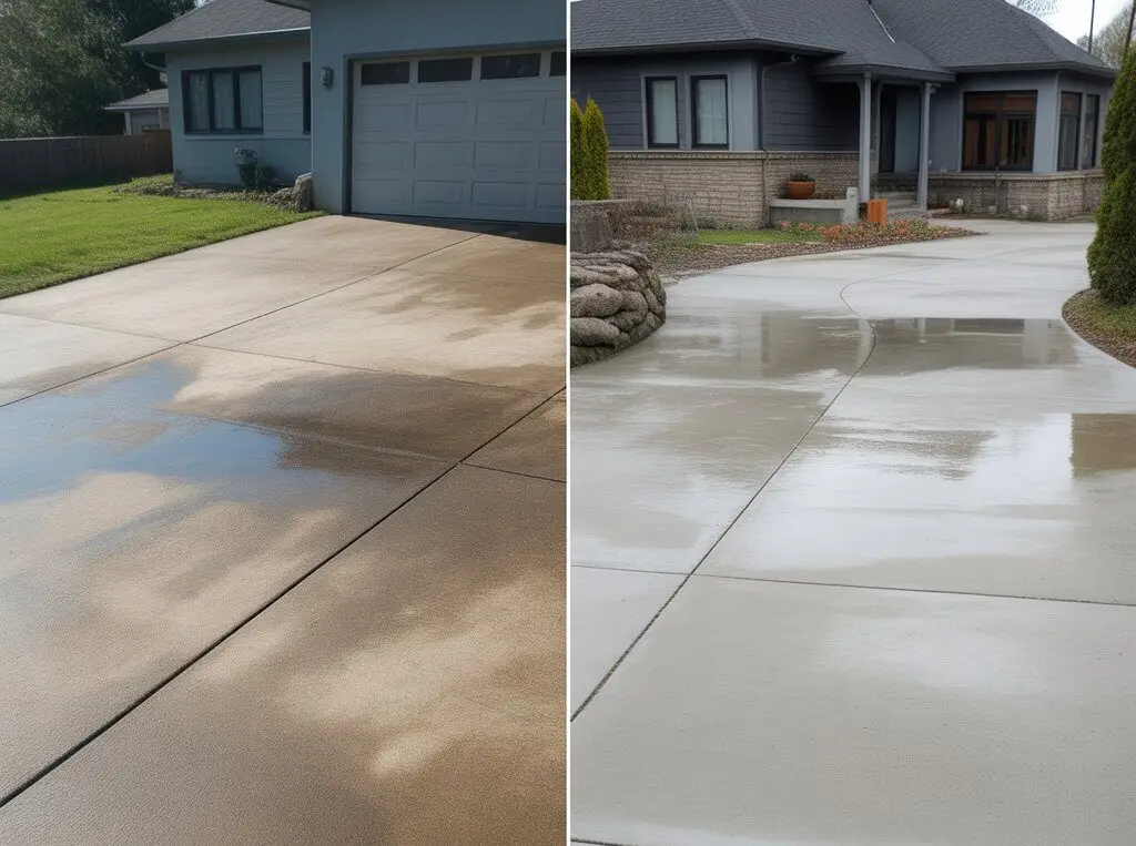 Before and after concrete driveway cleaning showing stained concrete compared to freshly pressure washed surface